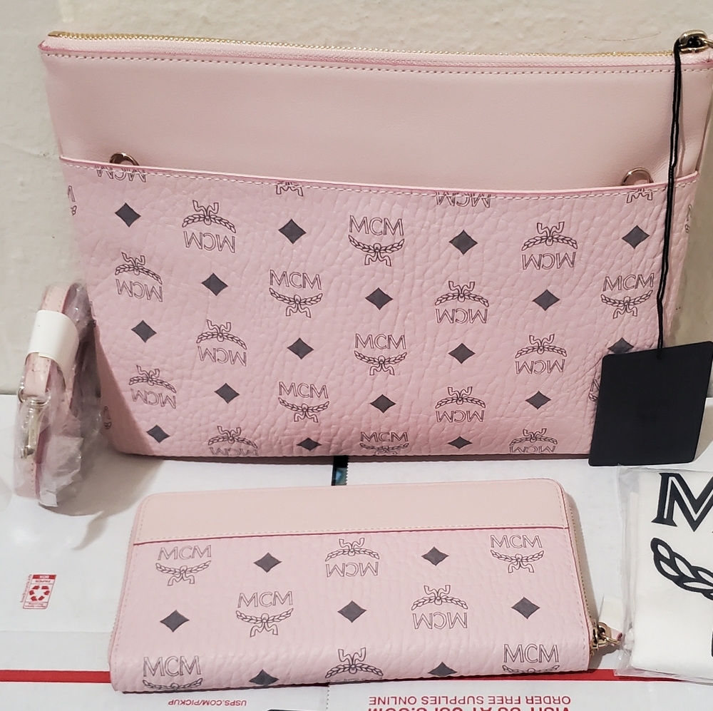 MCM Visetos Original Authentic Crossbody Bag Pouch Powder Pink & Wallet Combo - Picture 3 of 13